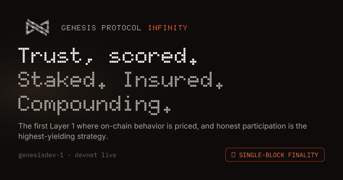 Genesis Protocol: Infinity, Trust, scored. Staked. Insured. Compounding.